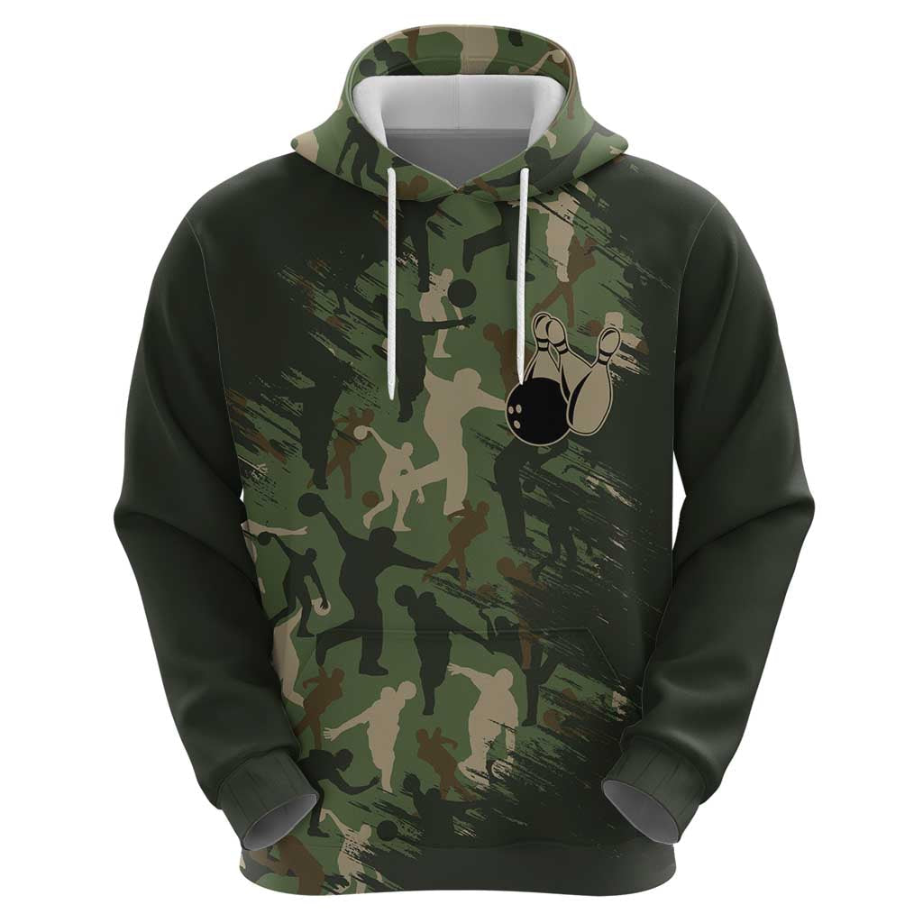 Bowling Camouflage Pattern Hoodie with Ball and Pins Graphic in Army Green and Beige Brushstroke Design TS04