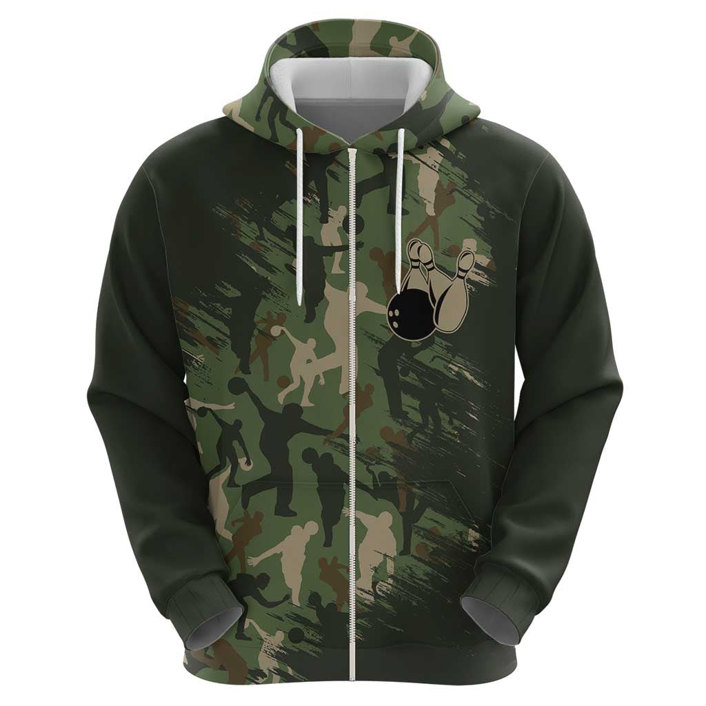 Bowling Camouflage Pattern Hoodie with Ball and Pins Graphic in Army Green and Beige Brushstroke Design TS04