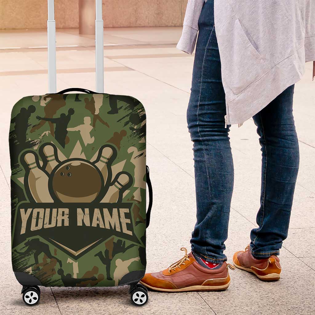 Bowling Camouflage Pattern Luggage Cover with Ball and Pins Graphic in Army Green and Beige Brushstroke Design TS04