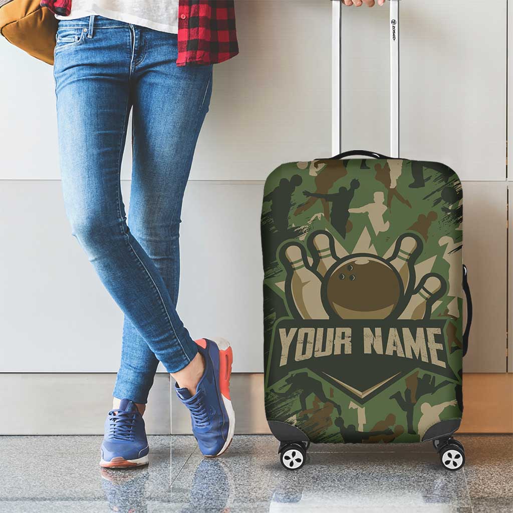 Bowling Camouflage Pattern Luggage Cover with Ball and Pins Graphic in Army Green and Beige Brushstroke Design TS04