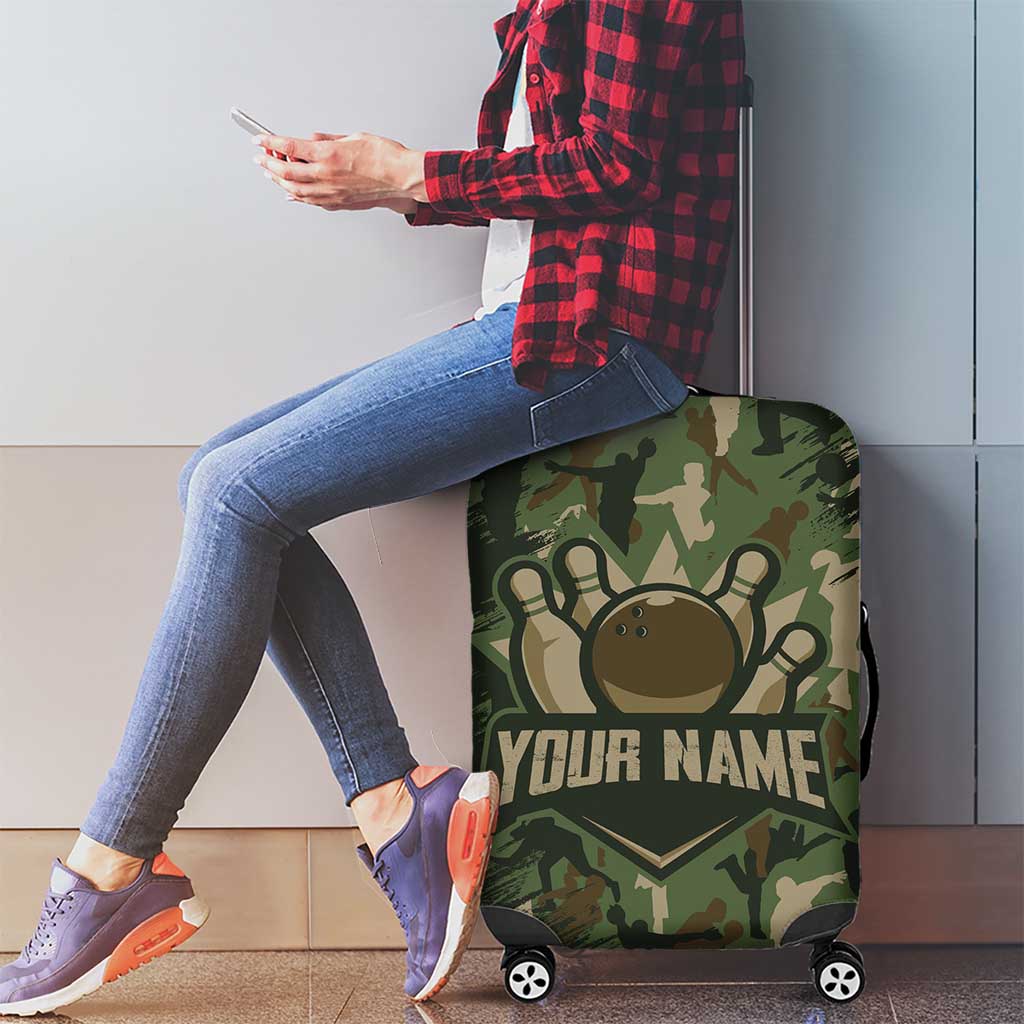 Bowling Camouflage Pattern Luggage Cover with Ball and Pins Graphic in Army Green and Beige Brushstroke Design TS04