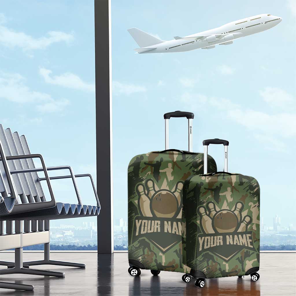 Bowling Camouflage Pattern Luggage Cover with Ball and Pins Graphic in Army Green and Beige Brushstroke Design TS04
