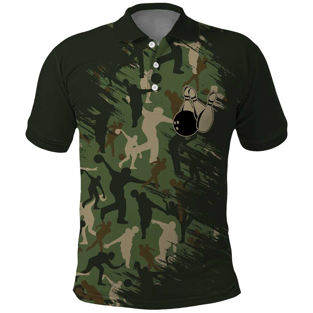 Bowling Camouflage Pattern Polo Shirt with Ball and Pins Graphic in Army Green and Beige Brushstroke Design TS04