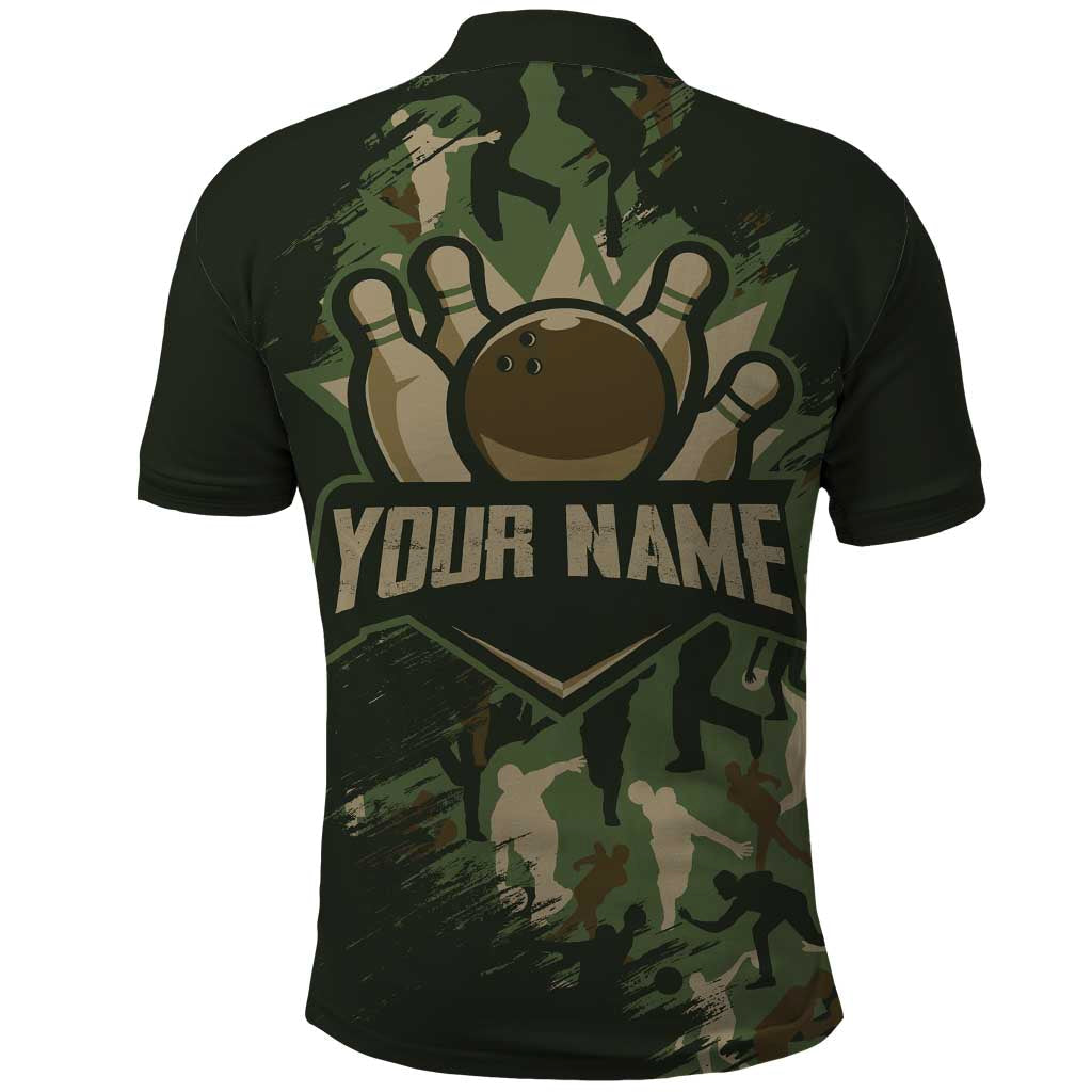 Bowling Camouflage Pattern Polo Shirt with Ball and Pins Graphic in Army Green and Beige Brushstroke Design TS04