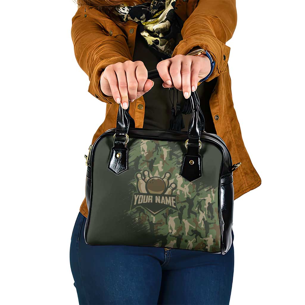 Bowling Camouflage Pattern Shoulder Handbag with Ball and Pins Graphic in Army Green and Beige Brushstroke Design TS04