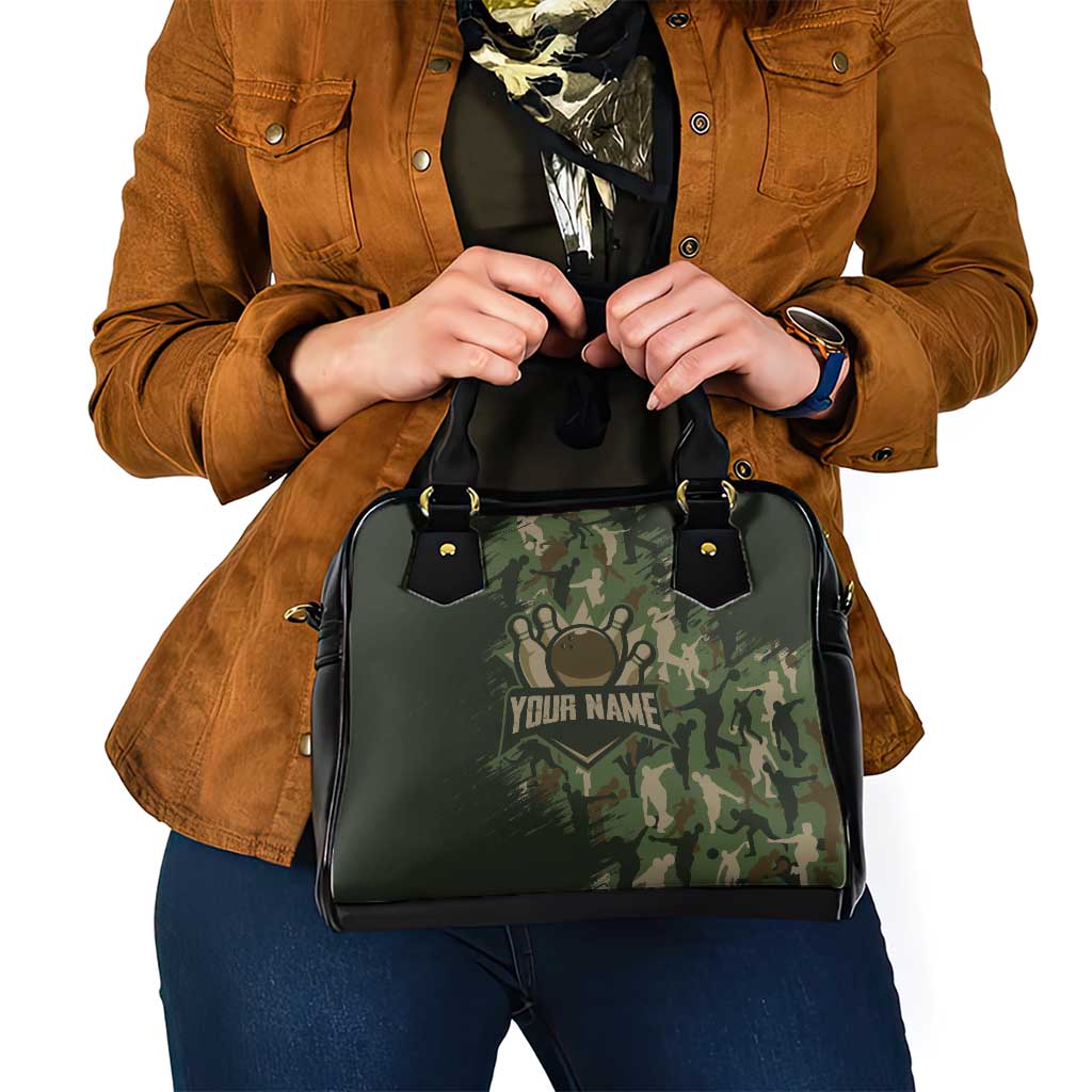 Bowling Camouflage Pattern Shoulder Handbag with Ball and Pins Graphic in Army Green and Beige Brushstroke Design TS04