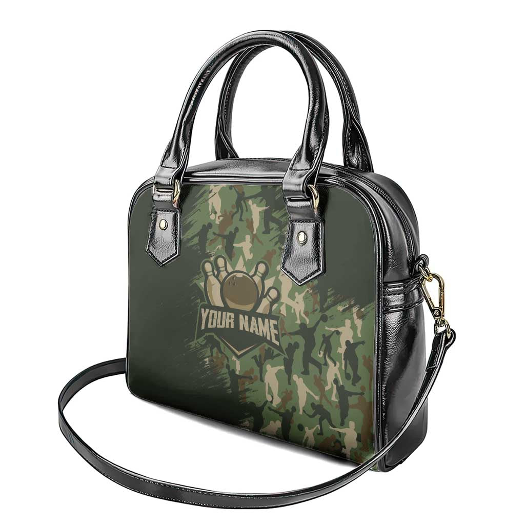 Bowling Camouflage Pattern Shoulder Handbag with Ball and Pins Graphic in Army Green and Beige Brushstroke Design TS04