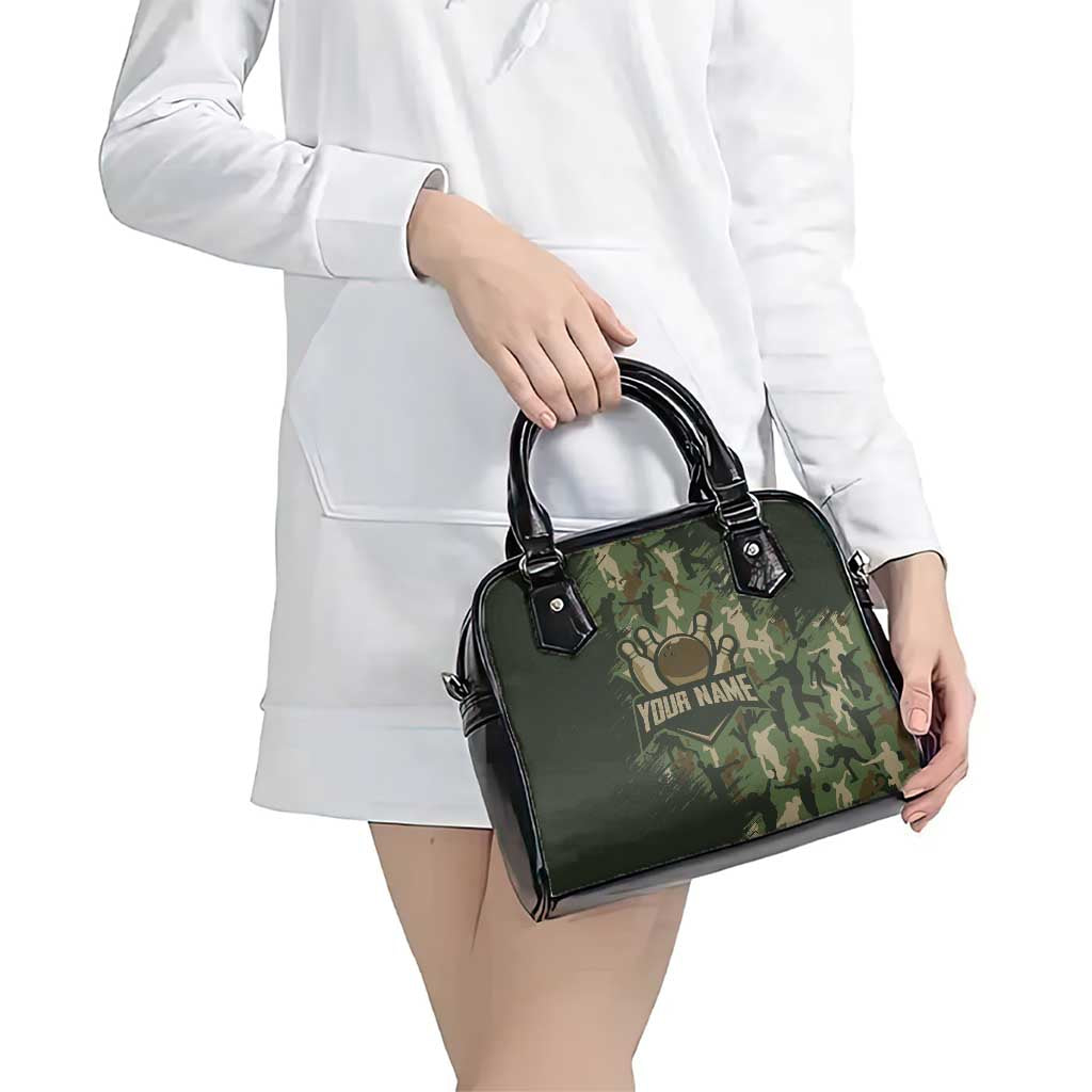 Bowling Camouflage Pattern Shoulder Handbag with Ball and Pins Graphic in Army Green and Beige Brushstroke Design TS04