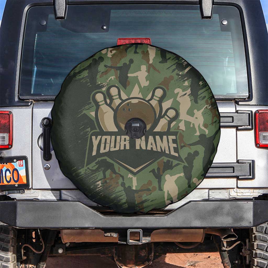 Bowling Camouflage Pattern Spare Tire Cover with Ball and Pins Graphic in Army Green and Beige Brushstroke Design TS04