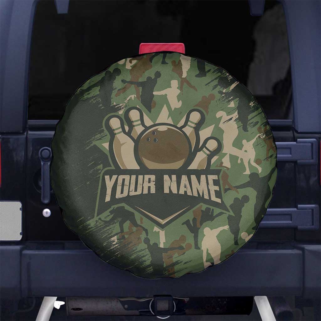 Bowling Camouflage Pattern Spare Tire Cover with Ball and Pins Graphic in Army Green and Beige Brushstroke Design TS04