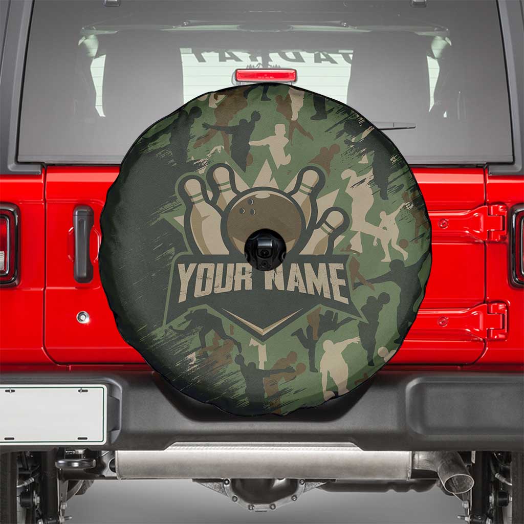 Bowling Camouflage Pattern Spare Tire Cover with Ball and Pins Graphic in Army Green and Beige Brushstroke Design TS04
