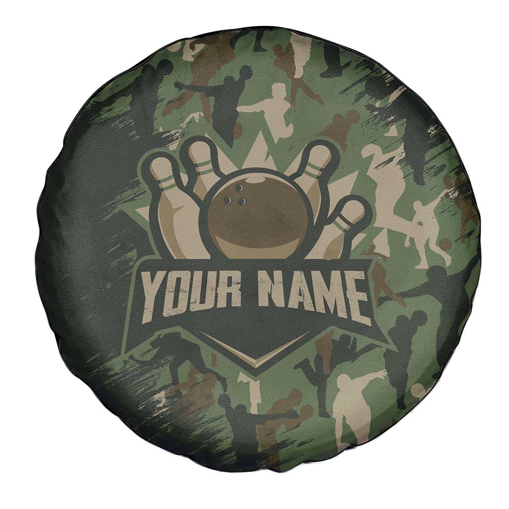 Bowling Camouflage Pattern Spare Tire Cover with Ball and Pins Graphic in Army Green and Beige Brushstroke Design TS04