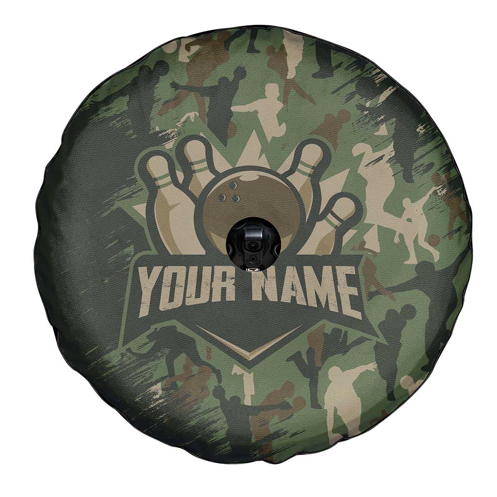 Bowling Camouflage Pattern Spare Tire Cover with Ball and Pins Graphic in Army Green and Beige Brushstroke Design TS04