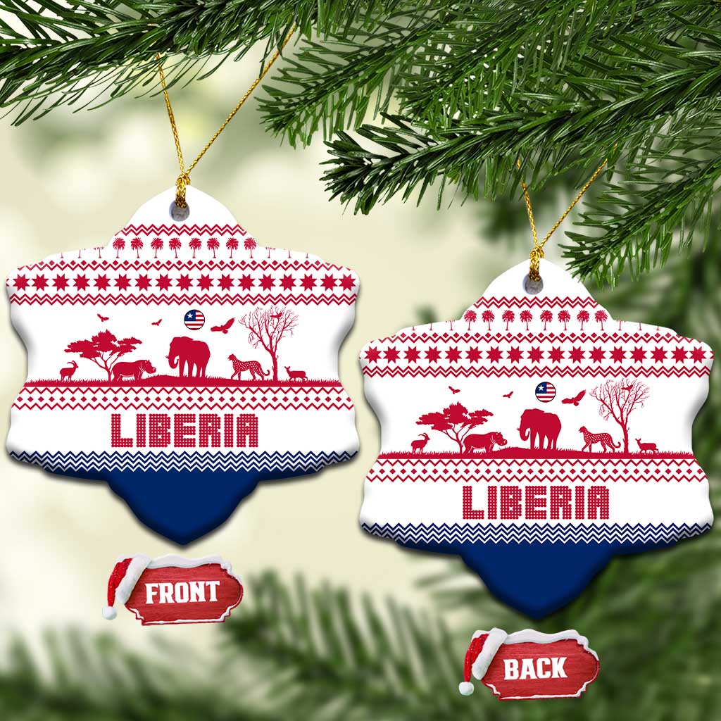 Liberia Christmas Ceramic Ornament with Red Wildlife Silhouettes and White Blue Holiday TS04