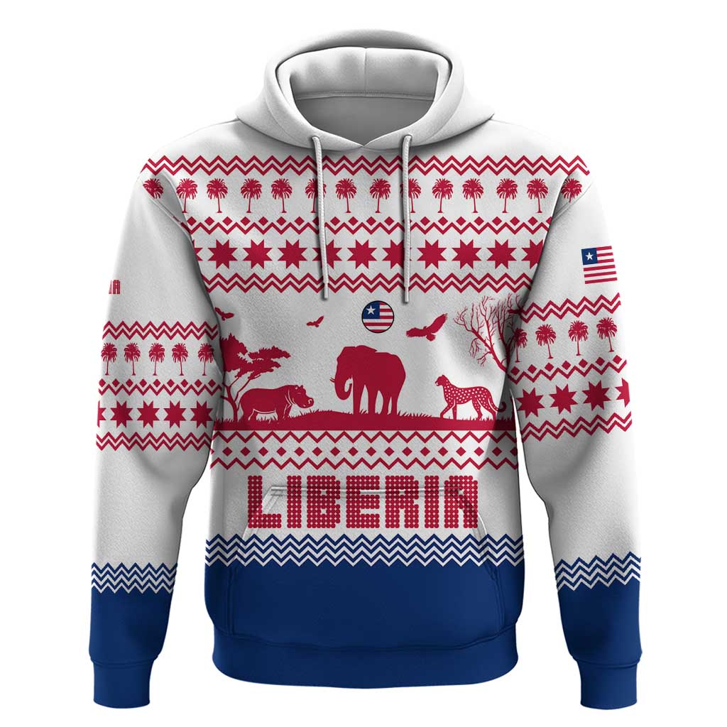 Liberia Christmas Hoodie with Red Wildlife Silhouettes and White Blue Holiday TS04