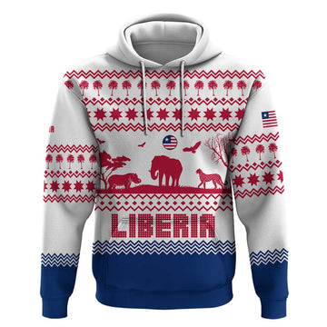 Liberia Christmas Hoodie with Red Wildlife Silhouettes and White Blue Holiday TS04
