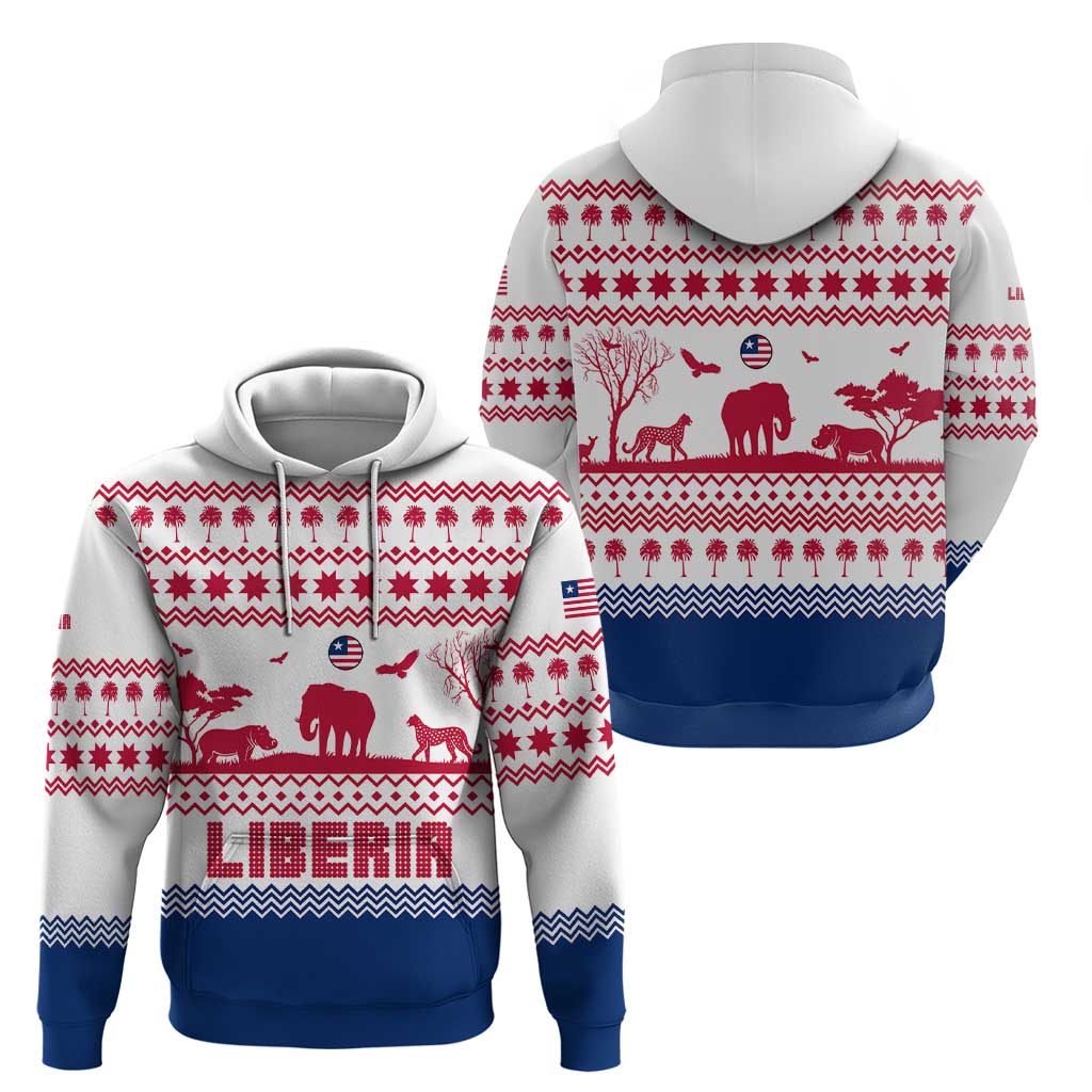 Liberia Christmas Hoodie with Red Wildlife Silhouettes and White Blue Holiday TS04
