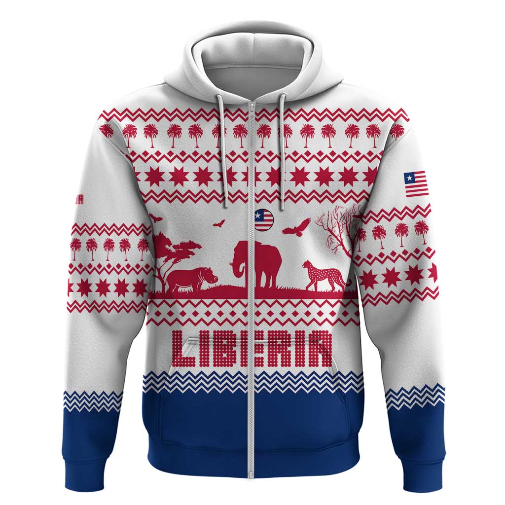 Liberia Christmas Hoodie with Red Wildlife Silhouettes and White Blue Holiday TS04