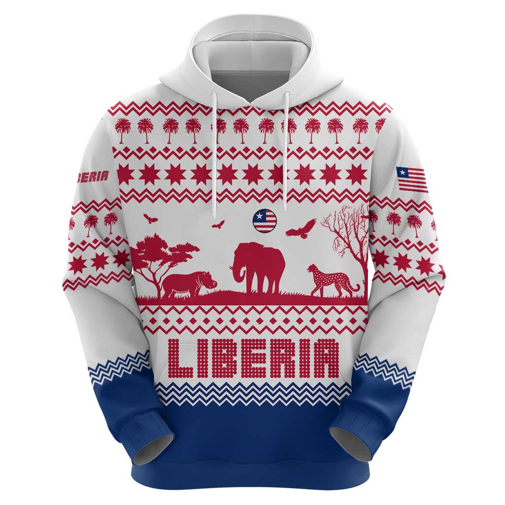 Liberia Christmas Hoodie with Red Wildlife Silhouettes and White Blue Holiday TS04