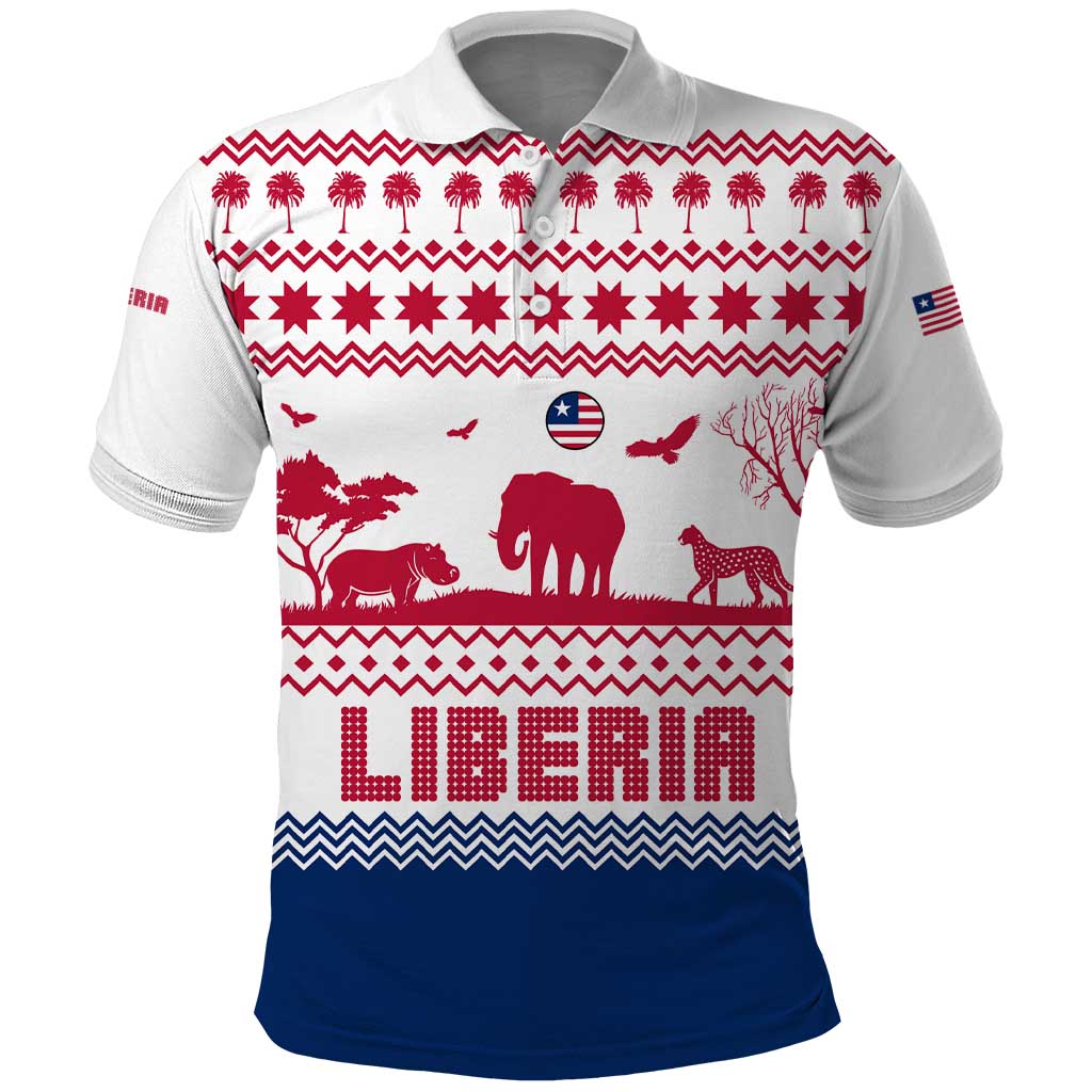Liberia Christmas Polo Shirt with Red Wildlife Silhouettes and White Blue Holiday TS04