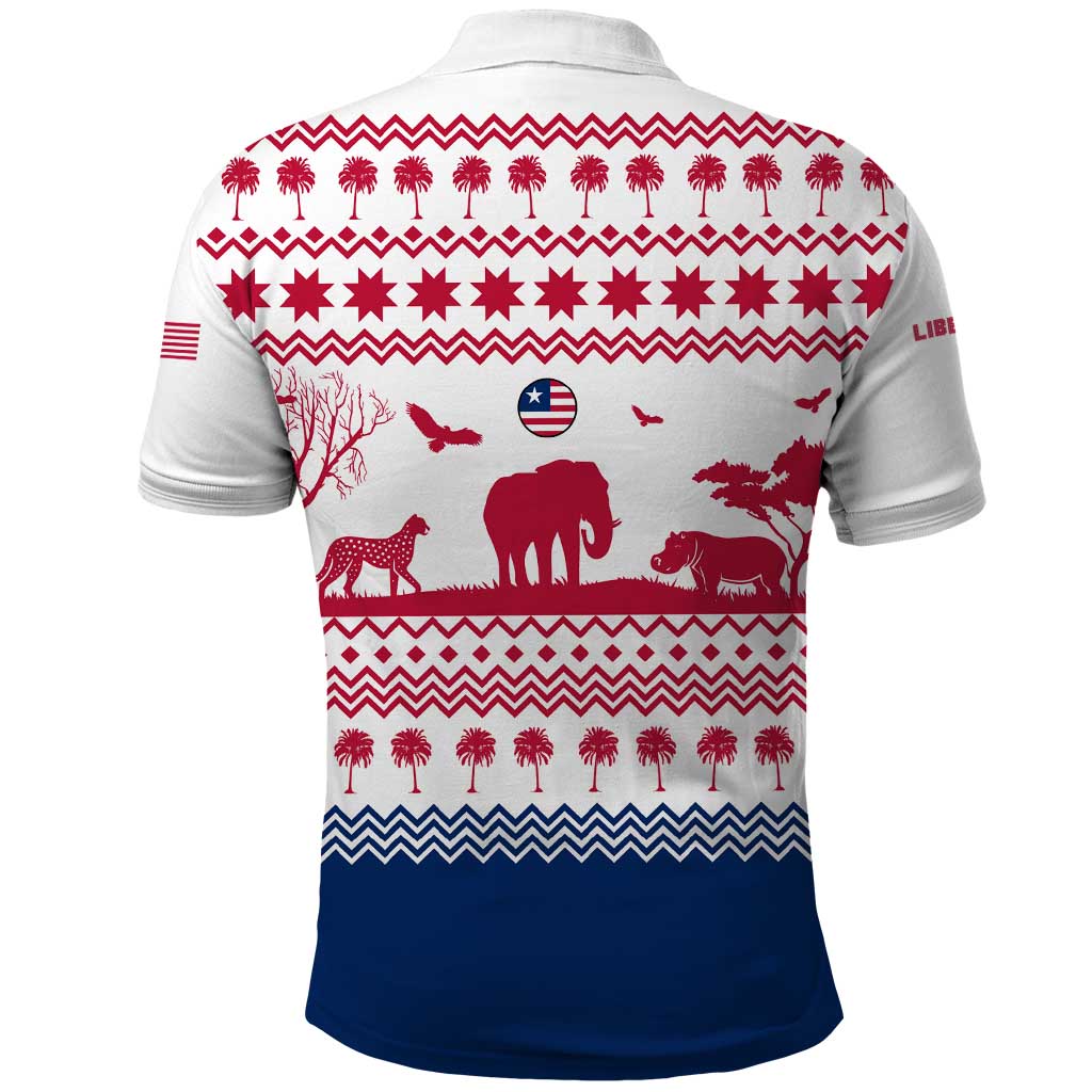 Liberia Christmas Polo Shirt with Red Wildlife Silhouettes and White Blue Holiday TS04