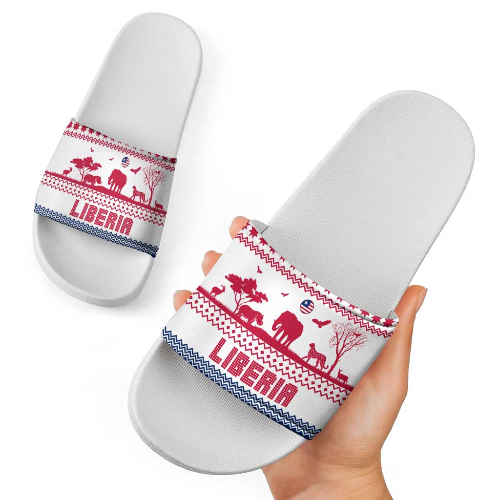 Liberia Christmas Slide Sandals with Red Wildlife Silhouettes and White Blue Holiday TS04