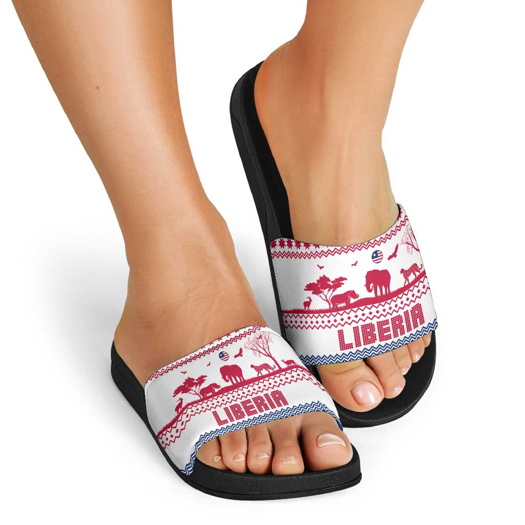 Liberia Christmas Slide Sandals with Red Wildlife Silhouettes and White Blue Holiday TS04