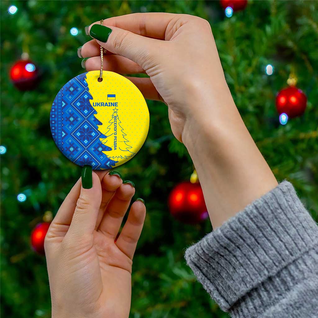 Ukraine Christmas Ceramic Ornament with Yellow and Blue Tree Design and Traditional Embroidery TS04