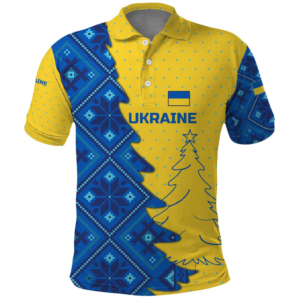 Ukraine Christmas Polo Shirt with Yellow and Blue Tree Design and Traditional Embroidery TS04