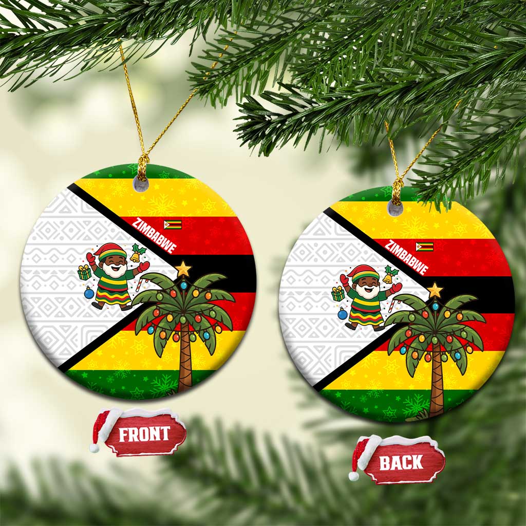 Zimbabwe Christmas Ceramic Ornament with Festive Santa Palm Tree and Red Yellow Green Flag TS04