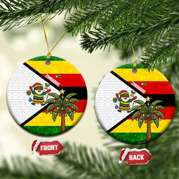 Zimbabwe Christmas Ceramic Ornament with Festive Santa Palm Tree and Red Yellow Green Flag TS04