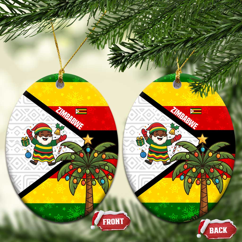 Zimbabwe Christmas Ceramic Ornament with Festive Santa Palm Tree and Red Yellow Green Flag TS04