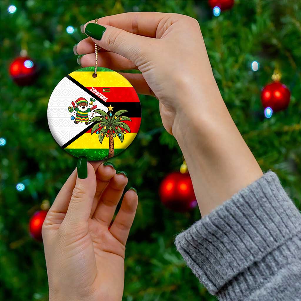 Zimbabwe Christmas Ceramic Ornament with Festive Santa Palm Tree and Red Yellow Green Flag TS04