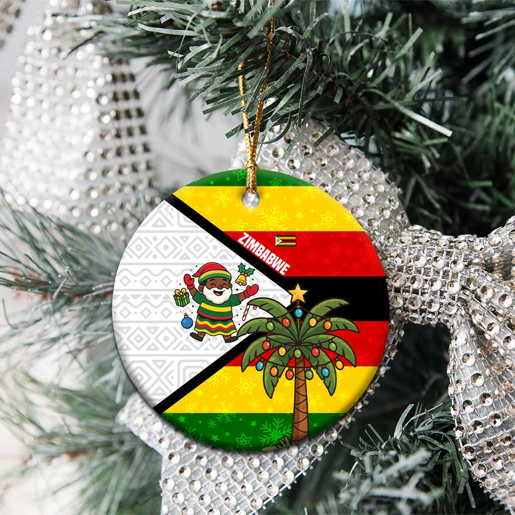 Zimbabwe Christmas Ceramic Ornament with Festive Santa Palm Tree and Red Yellow Green Flag TS04