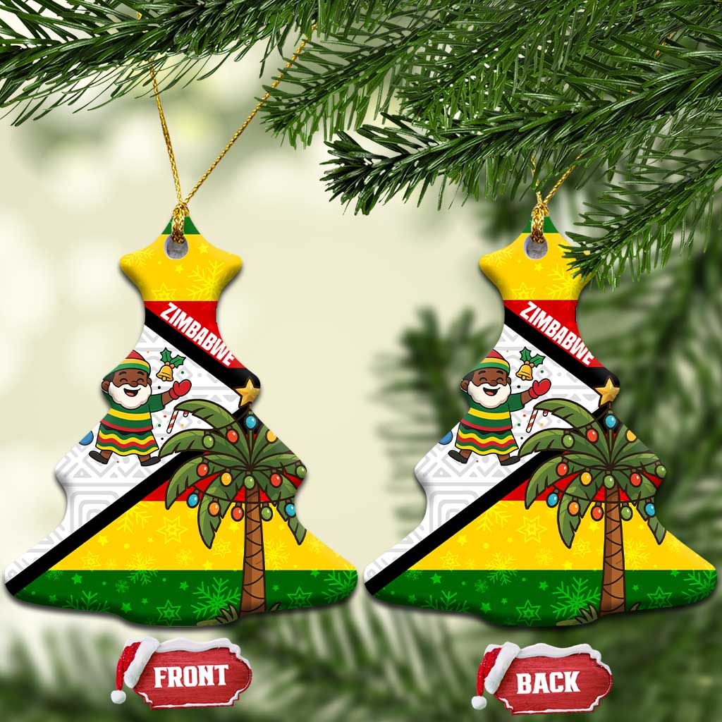 Zimbabwe Christmas Ceramic Ornament with Festive Santa Palm Tree and Red Yellow Green Flag TS04