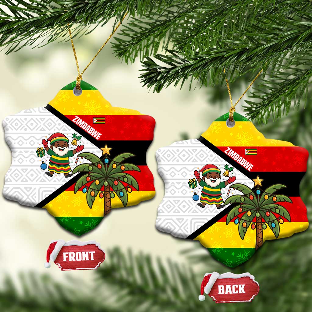 Zimbabwe Christmas Ceramic Ornament with Festive Santa Palm Tree and Red Yellow Green Flag TS04