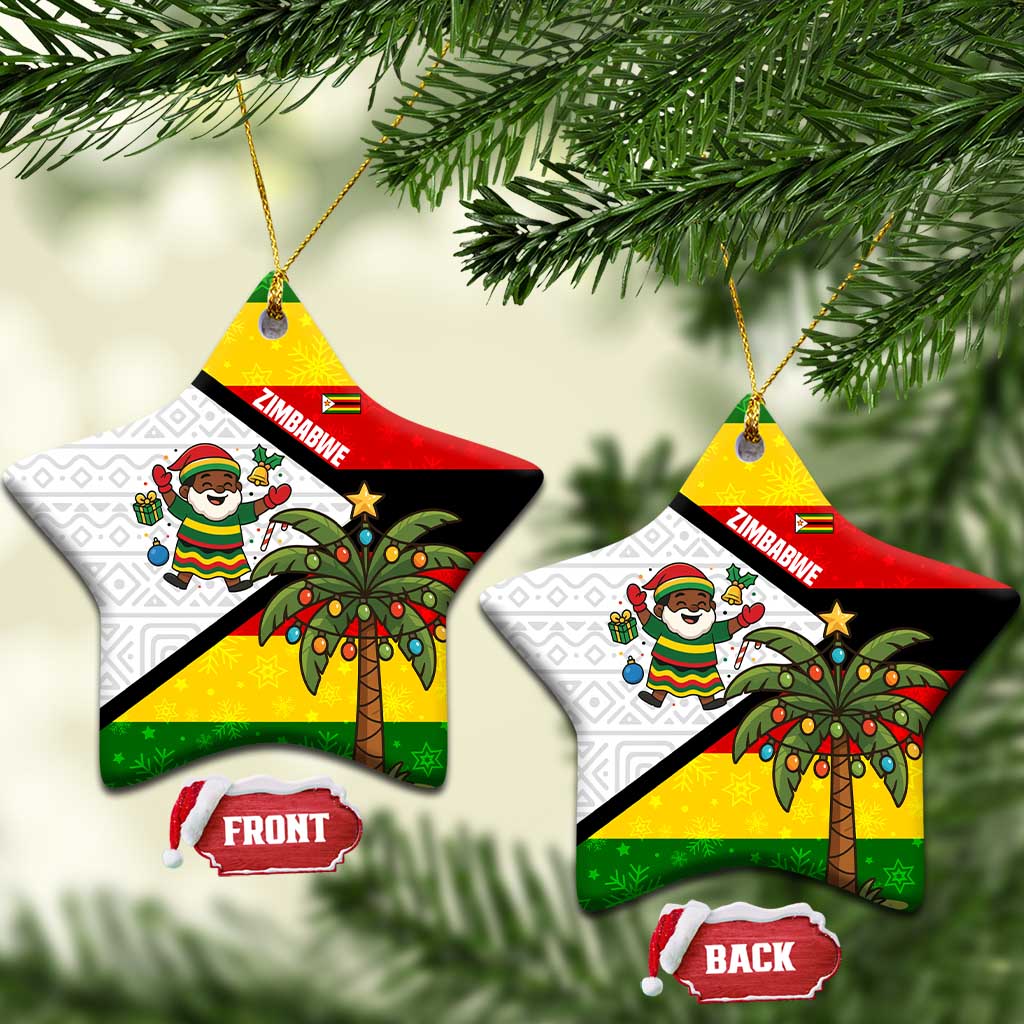 Zimbabwe Christmas Ceramic Ornament with Festive Santa Palm Tree and Red Yellow Green Flag TS04