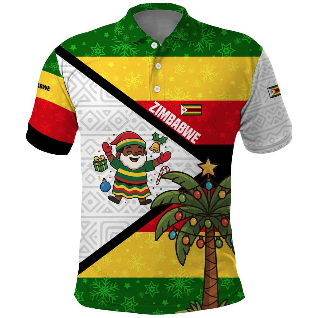 Zimbabwe Christmas Polo Shirt with Festive Santa Palm Tree and Red Yellow Green Flag TS04