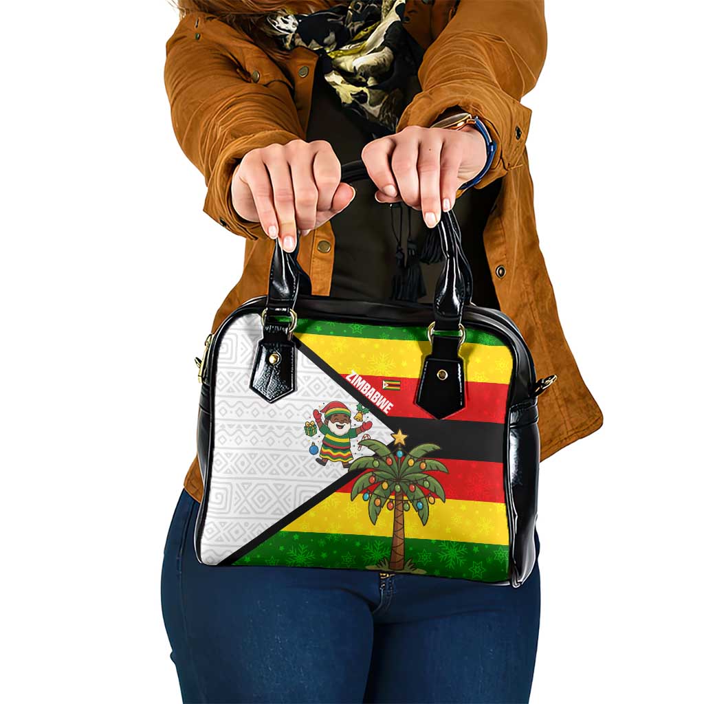 Zimbabwe Christmas Shoulder Handbag with Festive Santa Palm Tree and Red Yellow Green Flag TS04