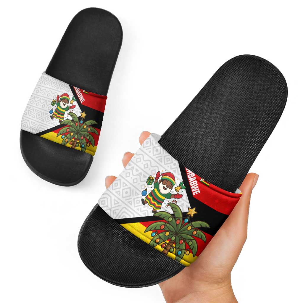 Zimbabwe Christmas Slide Sandals with Festive Santa Palm Tree and Red Yellow Green Flag TS04