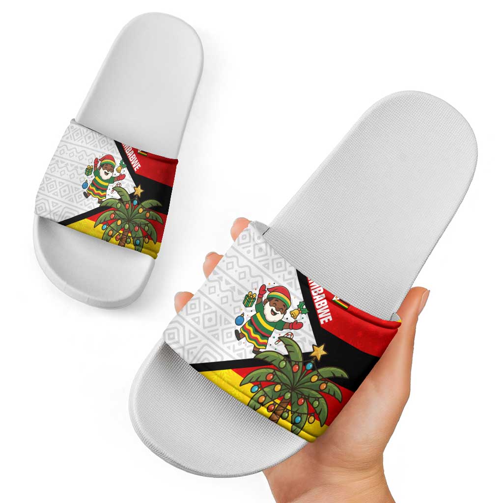 Zimbabwe Christmas Slide Sandals with Festive Santa Palm Tree and Red Yellow Green Flag TS04