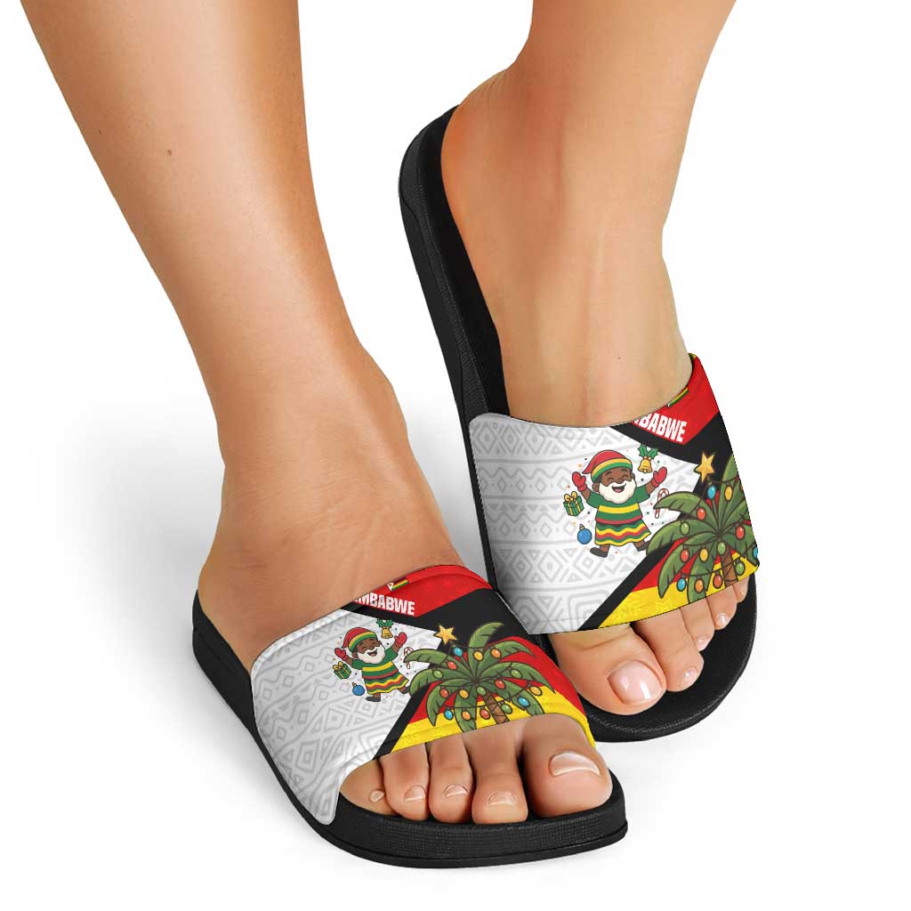 Zimbabwe Christmas Slide Sandals with Festive Santa Palm Tree and Red Yellow Green Flag TS04