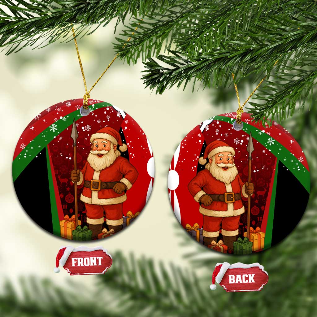 Kenya Christmas Ceramic Ornament with Santa Claus Spear and Red Green Harambee Crest TS04