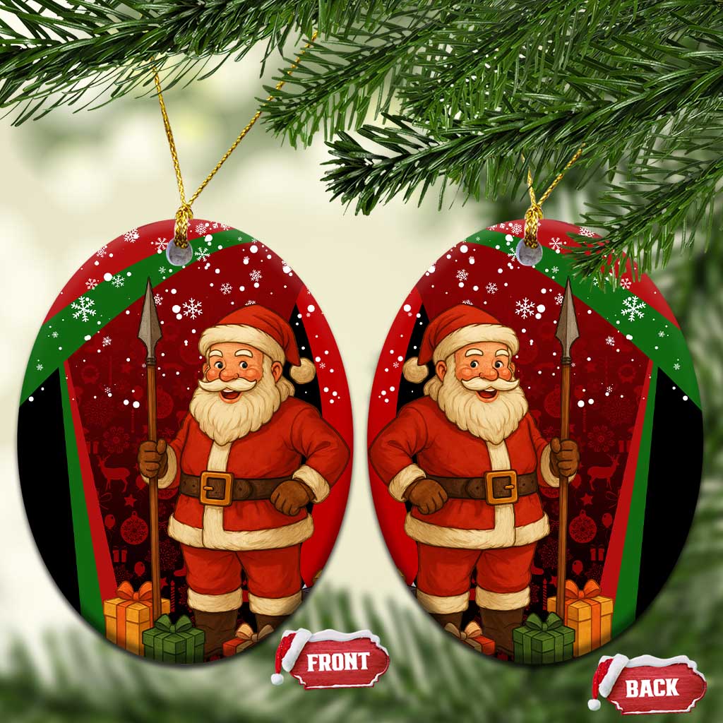Kenya Christmas Ceramic Ornament with Santa Claus Spear and Red Green Harambee Crest TS04