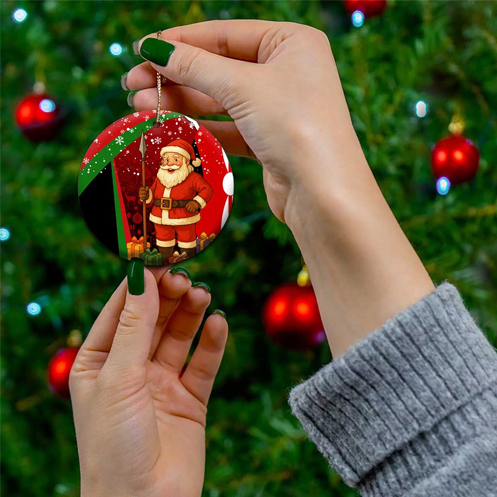 Kenya Christmas Ceramic Ornament with Santa Claus Spear and Red Green Harambee Crest TS04