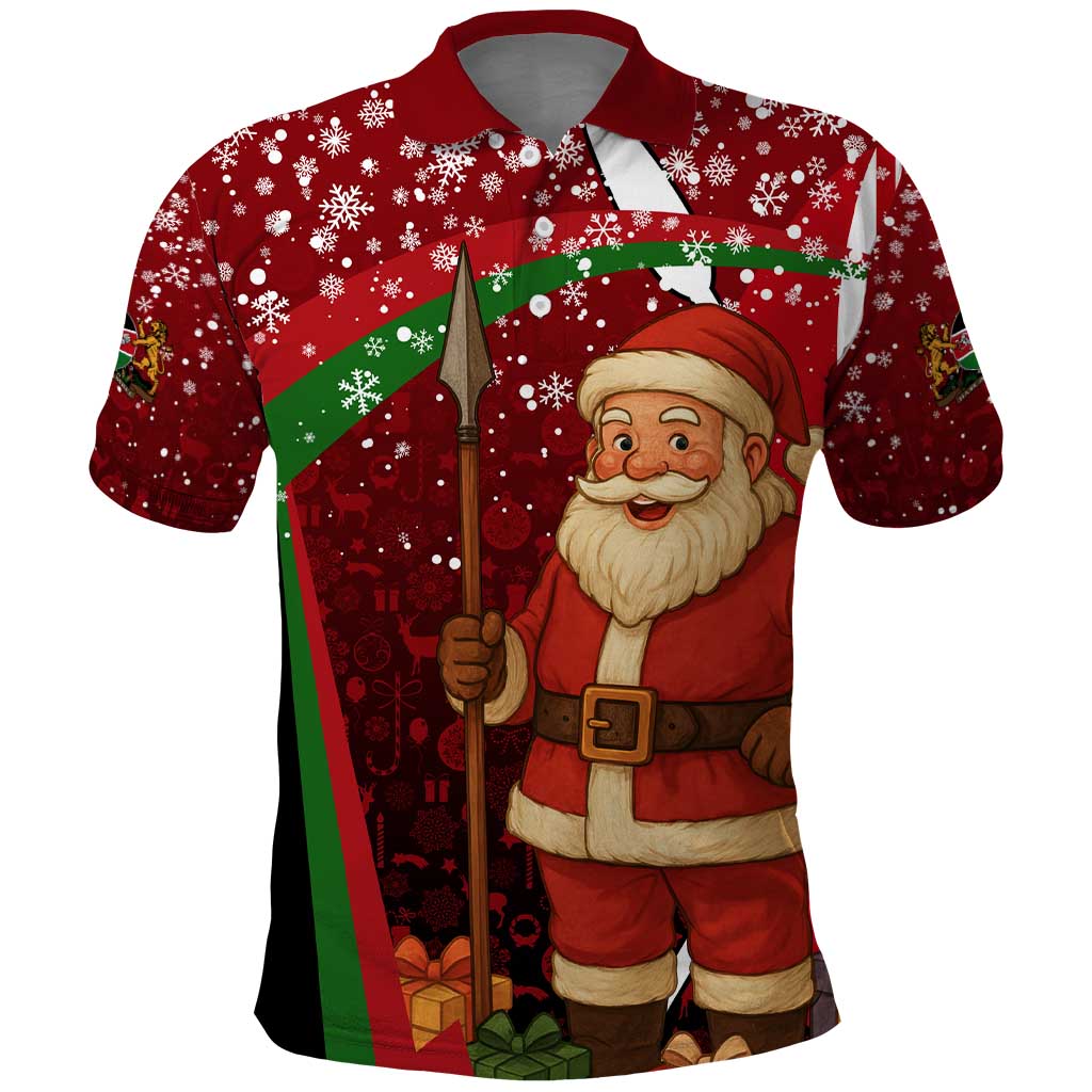 Kenya Christmas Polo Shirt with Santa Claus Spear and Red Green Harambee Crest TS04