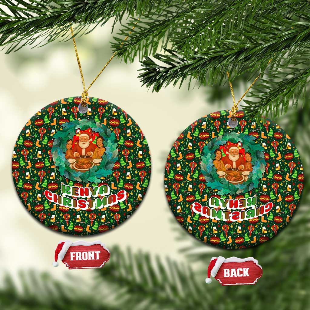 Kenya Christmas Ceramic Ornament with Santa Feast Scene and Festive Wreath Pattern TS04