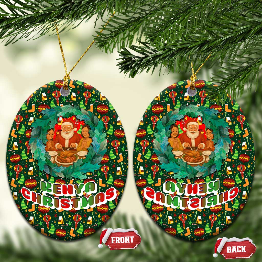 Kenya Christmas Ceramic Ornament with Santa Feast Scene and Festive Wreath Pattern TS04