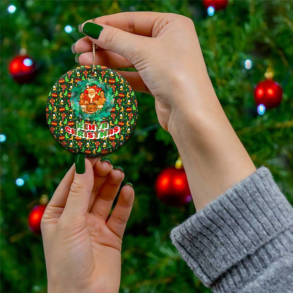 Kenya Christmas Ceramic Ornament with Santa Feast Scene and Festive Wreath Pattern TS04