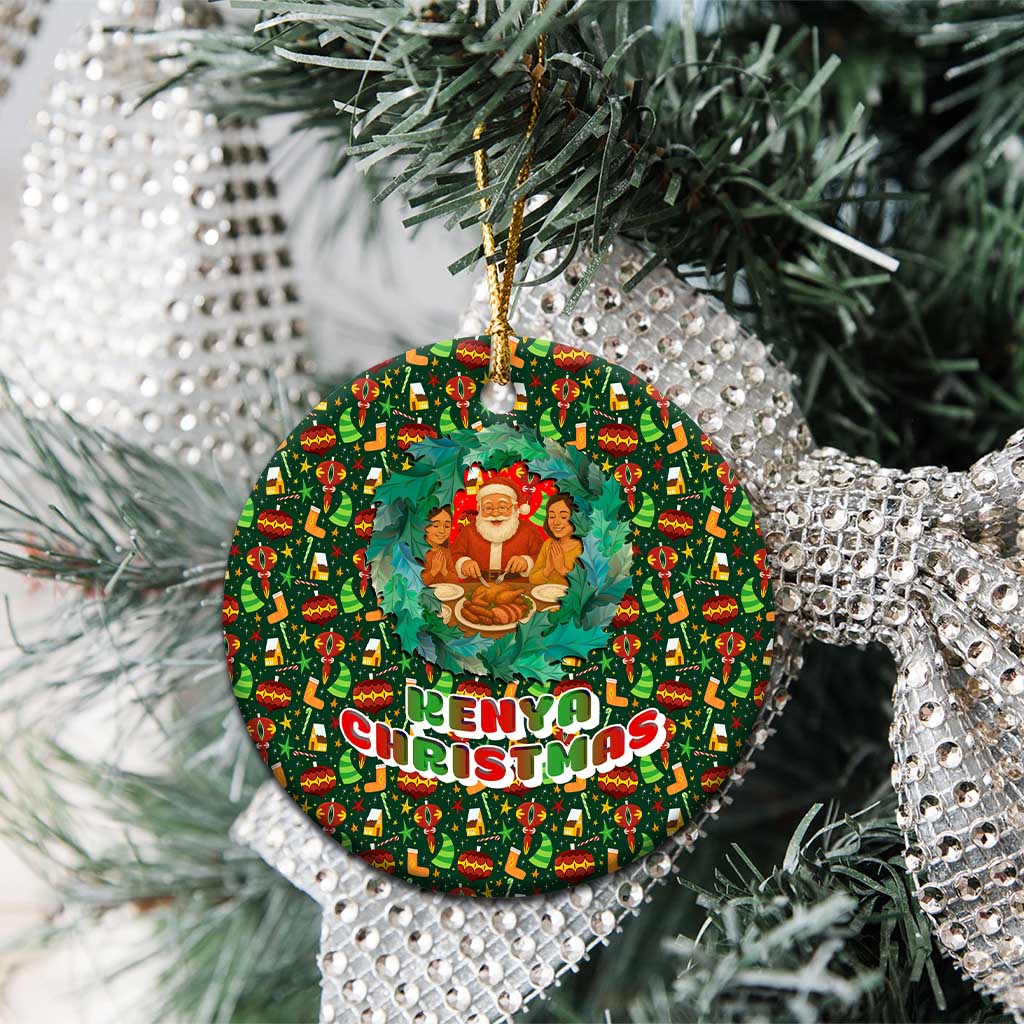 Kenya Christmas Ceramic Ornament with Santa Feast Scene and Festive Wreath Pattern TS04